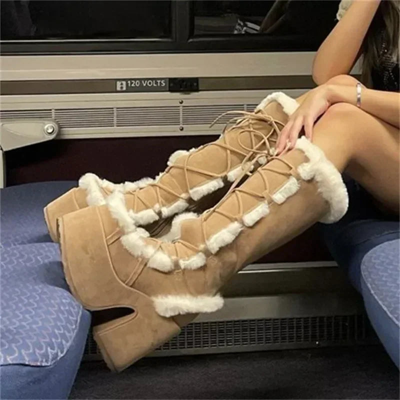 New Winter Women Snow Boots Platform Wedge High Heel Faux Fur Lady Shoes Female Plush Warm Non-slip Mid Calf Boots Goth Shoes boots_platform