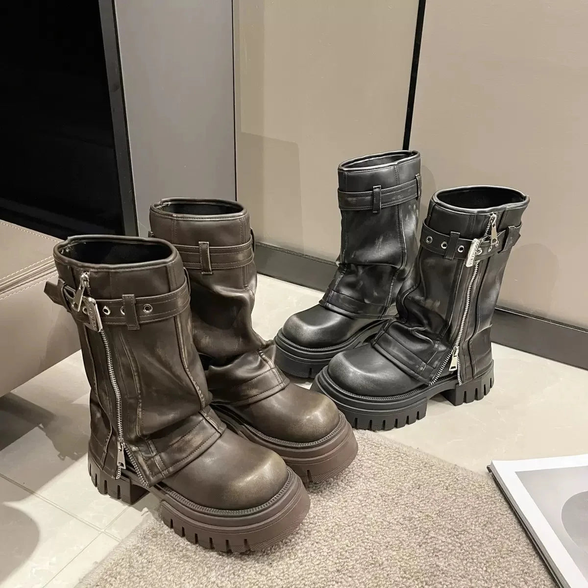 Winter Women Biker Boots Fashion Belt Buckle Ladies Elegant Platform Long Pipe Booties Casual Women's Knee High Booties2025 boots_platform