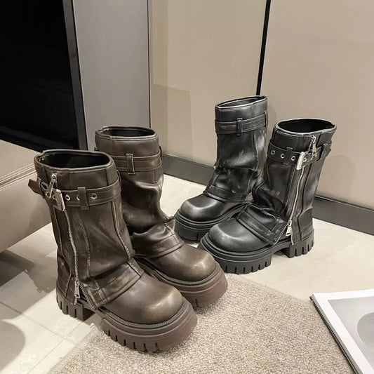 Winter Women Biker Boots Fashion Belt Buckle Ladies Elegant Platform Long Pipe Booties Casual Women's Knee High Booties2025 boots_platform