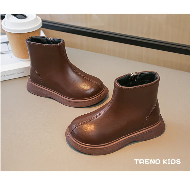 Children Fashion Boots Simple Girls Ankle Boot Black Kids Short Leather Boots Side Zipper Thick Bottom Autumn Winter 2024 New kids_shoes