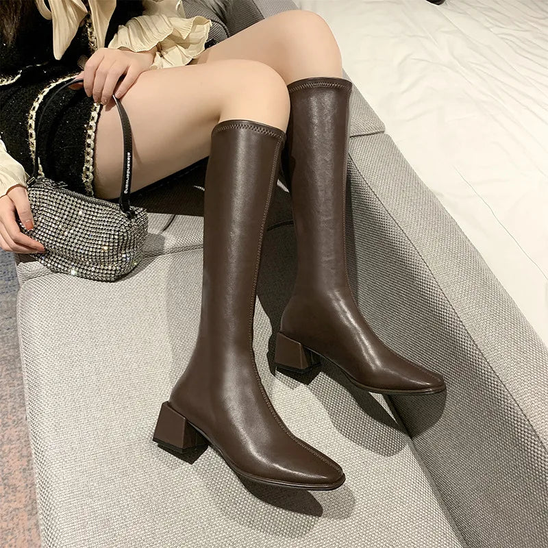 New Round Head Square with Simple Temperament of Winter Women's Boots Fashion Casual Slimming Thigh-high Fashion boots_highheel