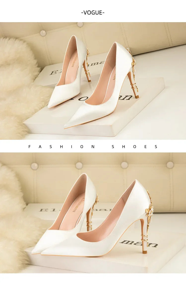 Women's Metal Flowers Stiletto High-heel Shoes Female  Light Luxury Sexy Fashion Wedding Shoes Pointed Toe Satin Single Shoes heels_stiletto