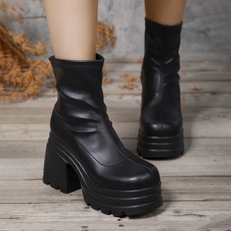 Women New Fashion Short Boots Women Sexy Leather Boot Square toe casual Zipper high heels Casual thick soled women shoes Zapatos boots_platform