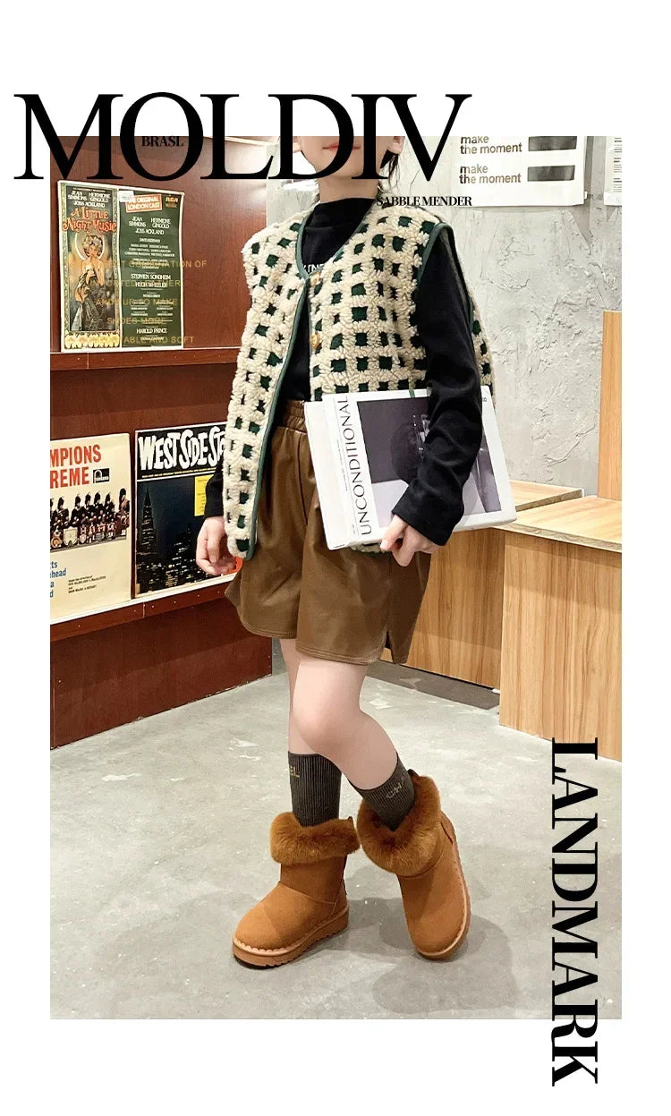 Kids Genuine Cowhide Snow Boots Winter Baby Soft Warm Cotton Shoes with Plush Boys Girls One Fur Suede Boots Princess Retro Boot kids_shoes