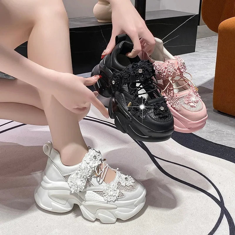 7.5CM Heels Women Thick Bottom Wedge Sneakers Embroider Hollow Out Gladiator Breathable Summer Shoes Woman Bling Chunky Sandals sneakers_platform