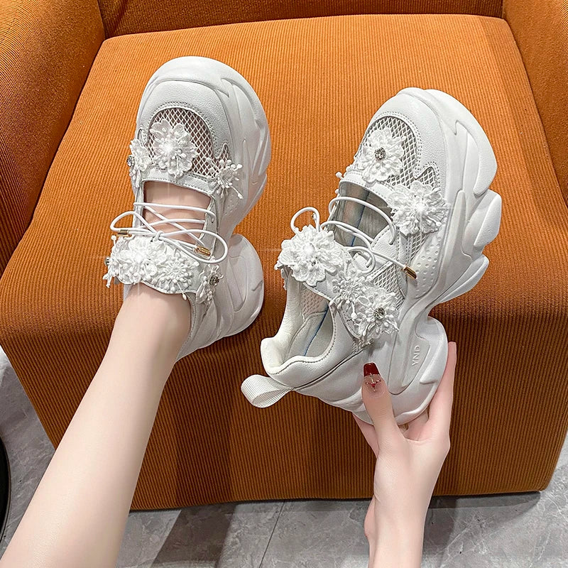 Women Platform Casual Breathable Crystal Flower Shoes Summer Chunky Sneakers 7.5CM Hidden Heels Hollow Leisure Shoes Woman sneakers_platform