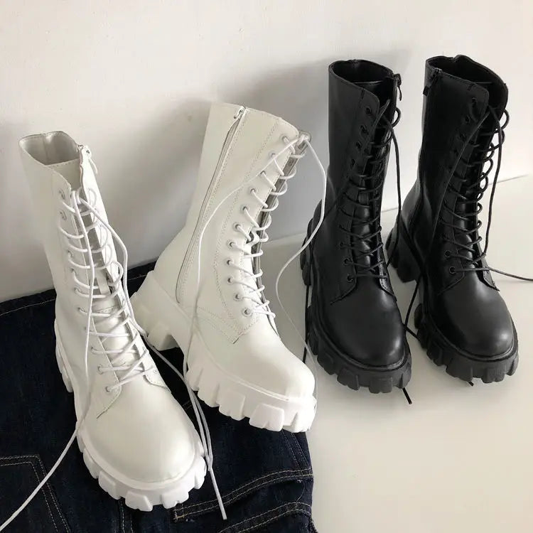 New Mid Calf Boots Women Autumn Winter Fashion Lace-up Ladies Chelsea Zipper Botas Mujer Boots Sports Platform Heel Ladies Shoes boots_platform