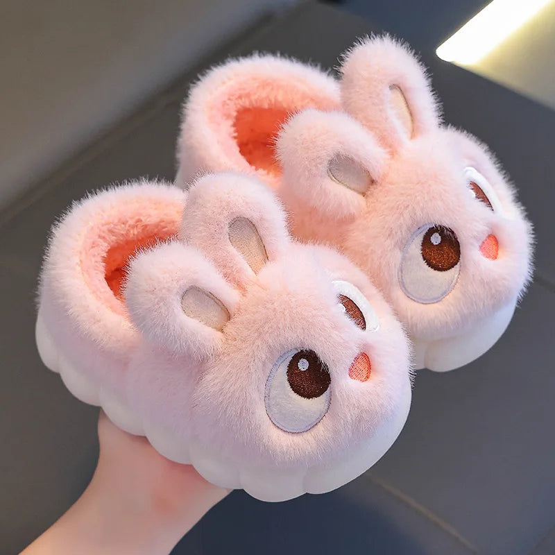 Winter Children's Cotton Shoes 2025 New Cute Rabbits Warm Plush Girls' Slippers Faux Fur Anti Slip Flat Boys' Home Slippers kids_shoes