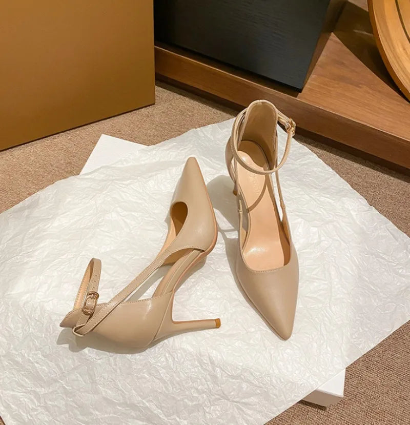 Ankle Strap Pointed Toe Women Slingback Pumps Black Matte Leather Hollow Stiletto High Heels Sandals 6CM and 8CM heels_stiletto