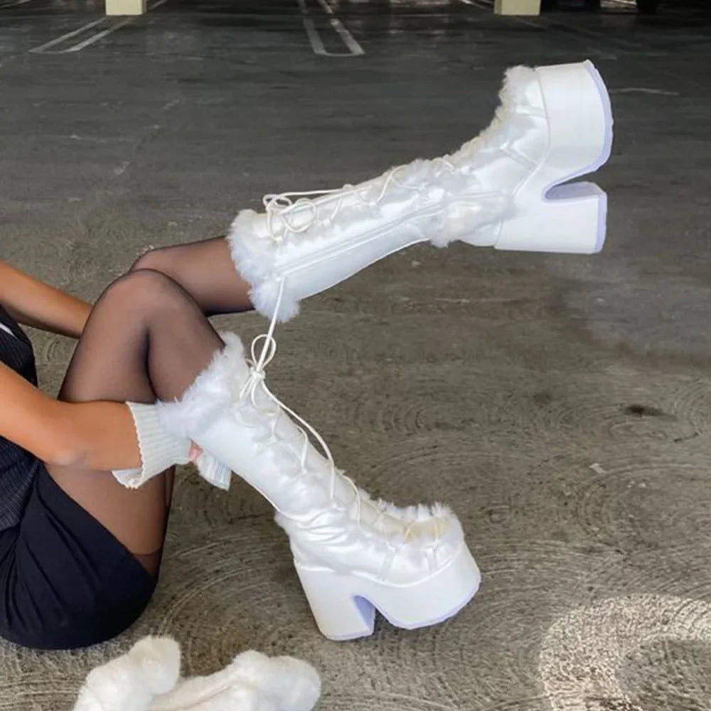 2024 Winter Big Size 43 y2k White Punk Style Women's Faux Fur Chunky Platform Boots Gothic Black Block High Heels Shoes boots_platform