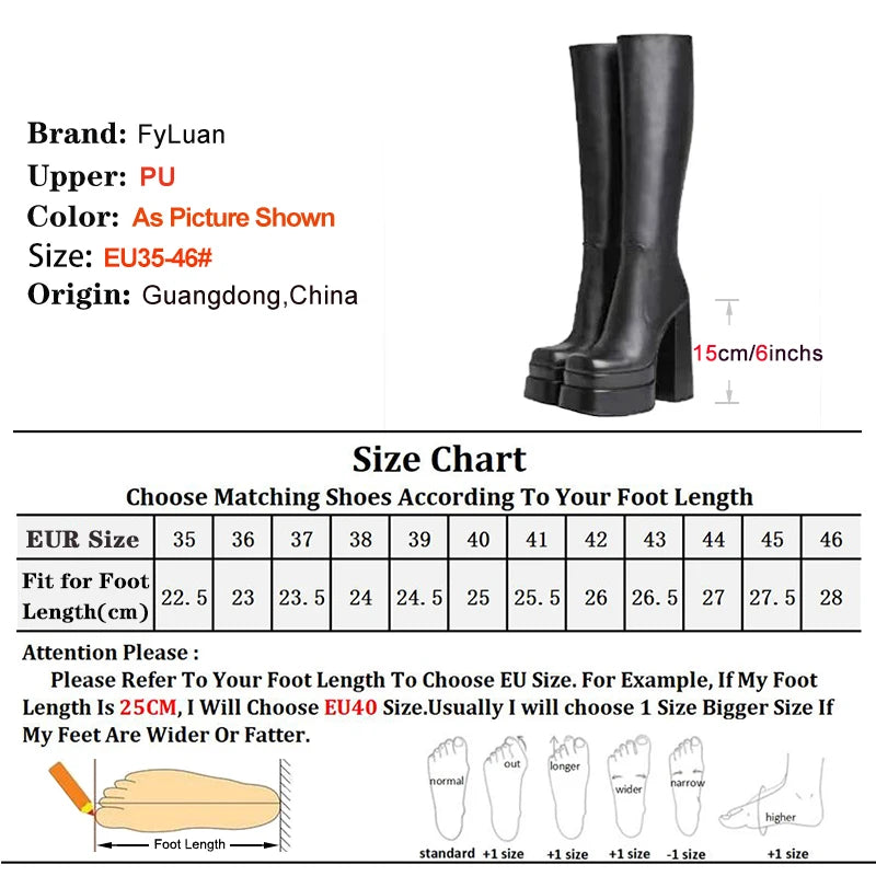 Size 35-46 Women Square Toe Knee-high Boots 15CM Back Zipper Black Chunky Platform Boots Europe and America New Goth Woman Shoes boots_platform