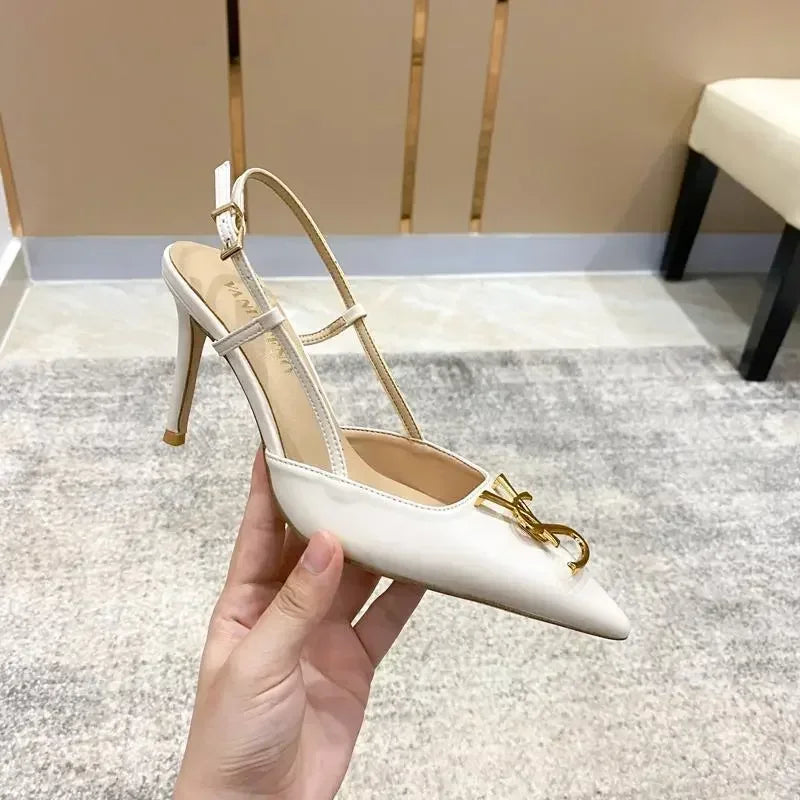 White Elegant Women's Stilettos Summer Fashion Sandals with Metal Buckle Baotou Pointed Back Design 2025 New Ladies' Shoes heels_stiletto