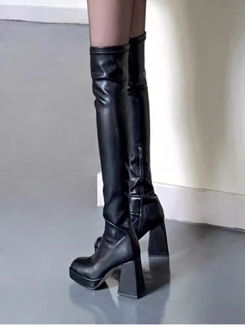 Autumn Winter Street Style Stretch Over The Knee Boots Women Fashion Round Toe Square Platform Heels Long Booties boots_platform