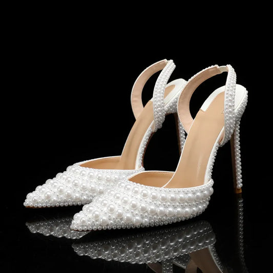 Luxury Handmade Full Pearls Wedding Women Pumps Elegant Pointed toe Slingbacks high heels Fashion Summer Party Bridal Shoes heels_bridal