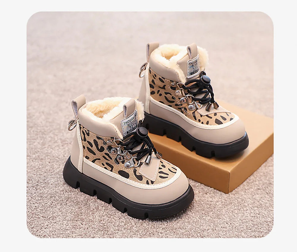 Leopard Fashion Snow Boots For Children Thick Warm Teenager Kid's Plush Boots Trend Fashion Boy's Girl's Warm Ankle Boots