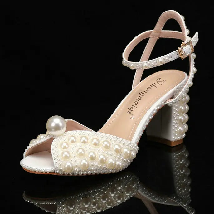 2025 New High Heels Thick Heel Shallow Mouth Women's Pearl Sandals Wedding Shoes Bridesmaid Shoes heels_bridal
