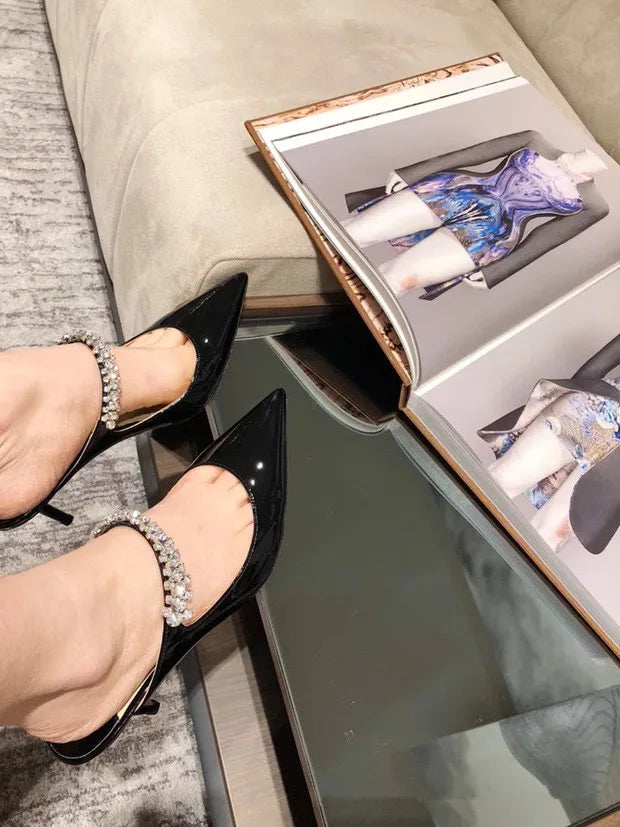 2025 Summer New High-heeled Stiletto Pointed Rhinestone Slippers Women's Outer Wear One-word with Baotou Half Drag Muller Shoes heels_bridal
