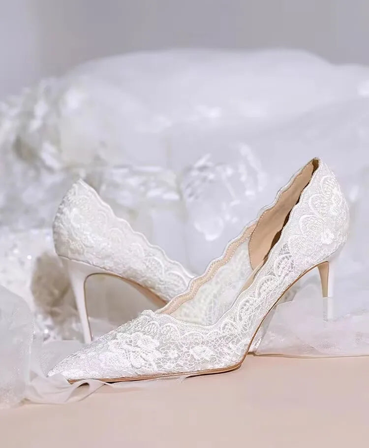 White Wedding Shoes Bridal Shoes Design Sense Niche Lace Pointed Stiletto Heel Shallow French High Heels Female Temperament heels_stiletto