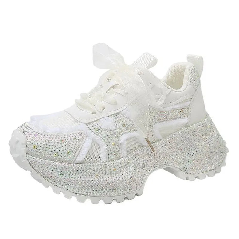 Designer Womens Rhinestone Mesh Shoes Autumn Fashionable Versatile Inner Height Increasing Women Thick-soled Casual Sports Shoes sneakers_platform