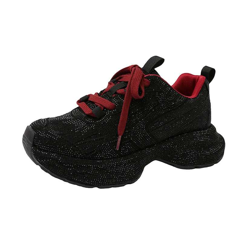 Women Sneakers Spring Lace-Up High Heel Platform Lace Up Silver Crystal Casual Working Shoes Wearing night running shoes outside sneakers_platform