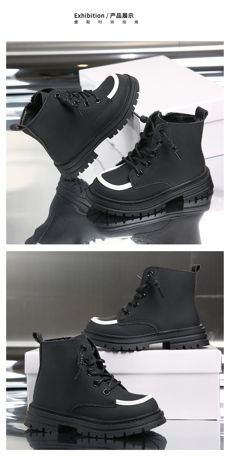 New Children Boots  soft leather Handsome Lace-up Trendy Kids Short Boot Matte PU Leather Anti-slip Unisex Boys Girls Shoes kids_shoes