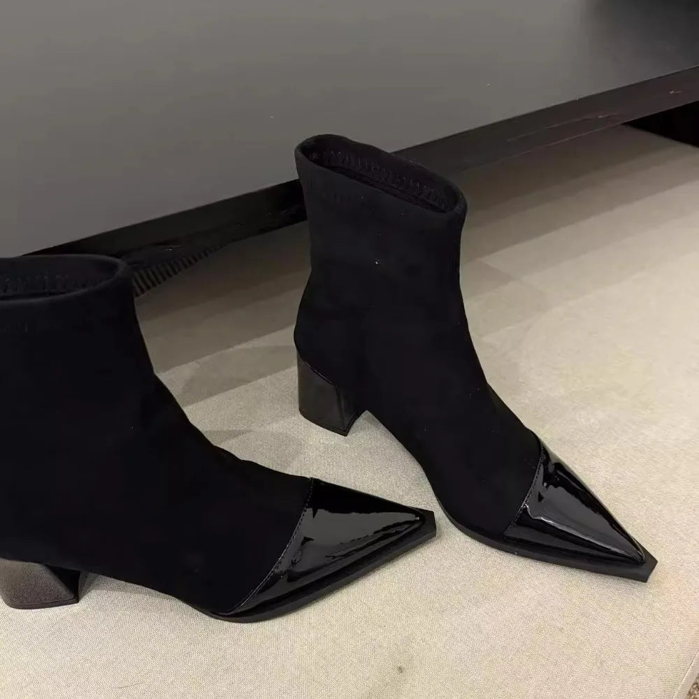 Women's New Autumn Chunky Single Boots Pointed Suede Splicing Anti-slip Wear-resistant Ankle Boots High Heel Short Boots boots_highheel
