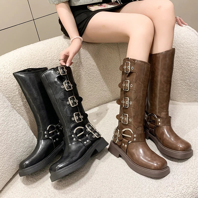 Woman Boots Knee High Platform Elegant Low Heel Trend Punk Gothic New Rock Leather Fashion Women's Shoes Motorcycle Footwear boots_platform