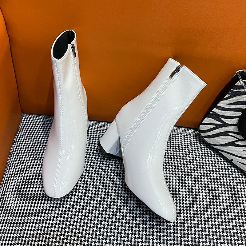 Leather Medium Heeled Short Boots for Women PU Soft Ankle Boots Side Zipper Comfortable Office Women Shoes Square Ladies Boats boots_highheel