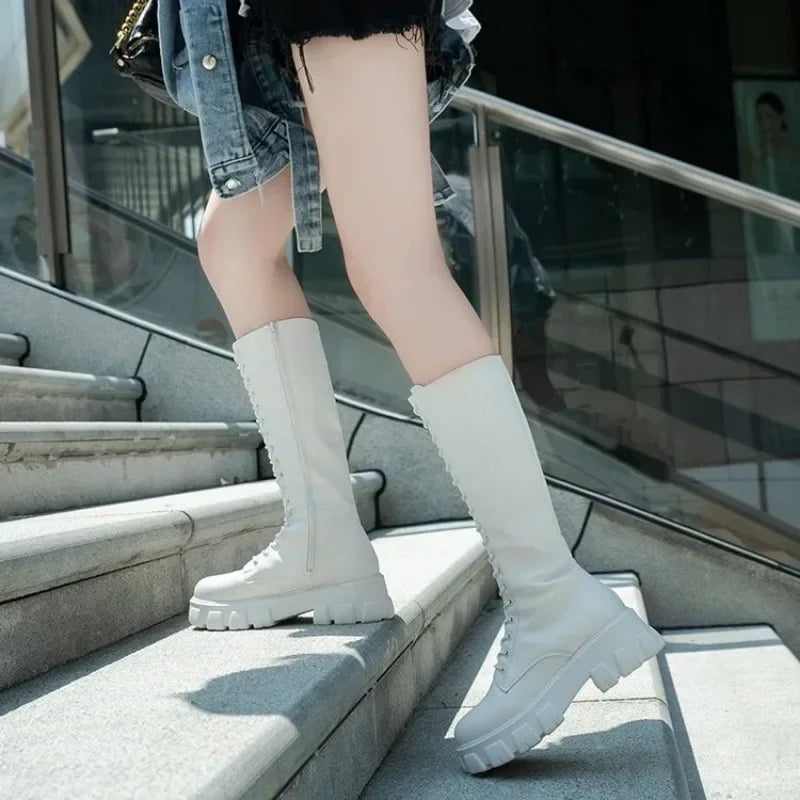 Women's Mid Calf Boots Padded Shoes Knee High Winter Sneakers Punk Style Military Casual White Black 2024 Lucury Platform Woman boots_platform
