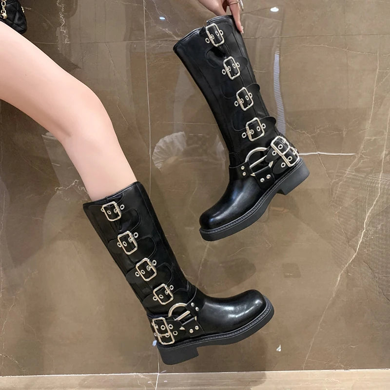 Woman Boots Knee High Platform Elegant Low Heel Trend Punk Gothic New Rock Leather Fashion Women's Shoes Motorcycle Footwear boots_platform