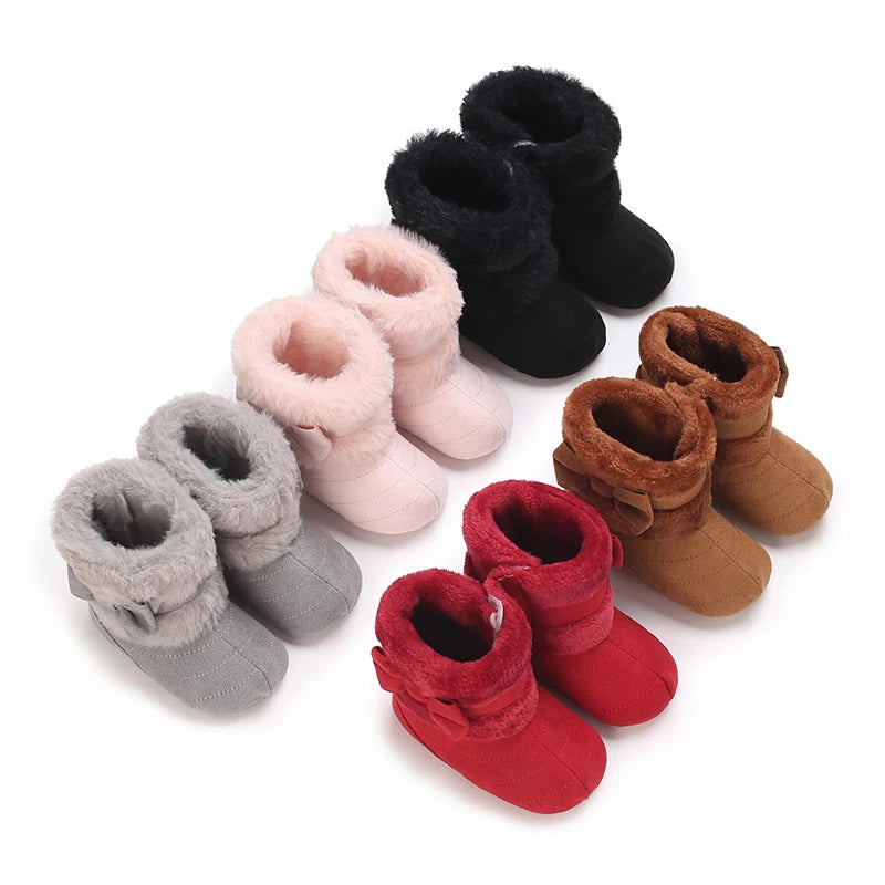 Baby Girls Winter Snow Boots Cute Bowknot Fuzzy Crib Shoes Footwear Infant Warm Infant First Walker Shoes with Non-Skid Soles kids_shoes