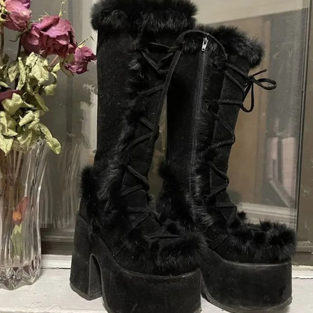 2024 Winter Big Size 43 y2k White Punk Style Women's Faux Fur Chunky Platform Boots Gothic Black Block High Heels Shoes boots_platform