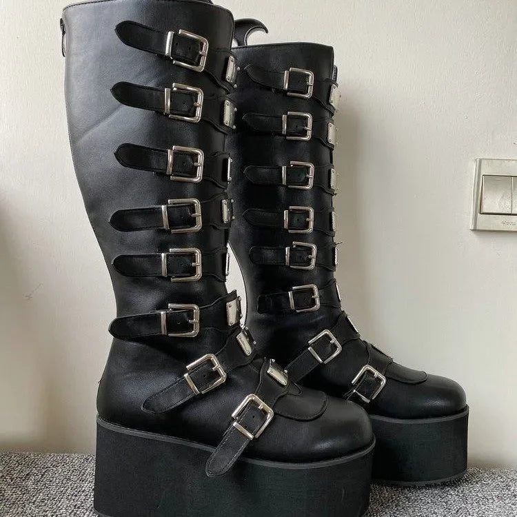 Women Boots Cosplay Ladies High Heel Platform Wedges Women High Boots Gothic Buckle Strap Long Tube Leather Female Boots Plus Si boots_platform