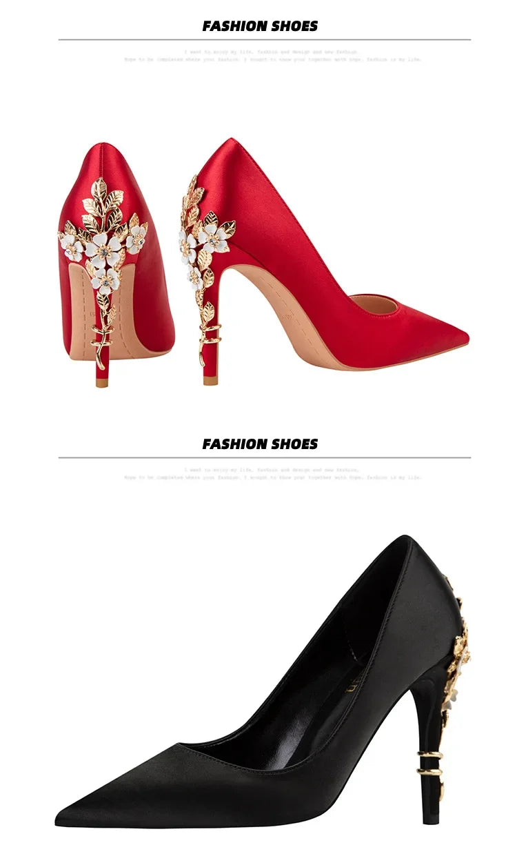Women's Metal Flowers Stiletto High-heel Shoes Female  Light Luxury Sexy Fashion Wedding Shoes Pointed Toe Satin Single Shoes heels_stiletto