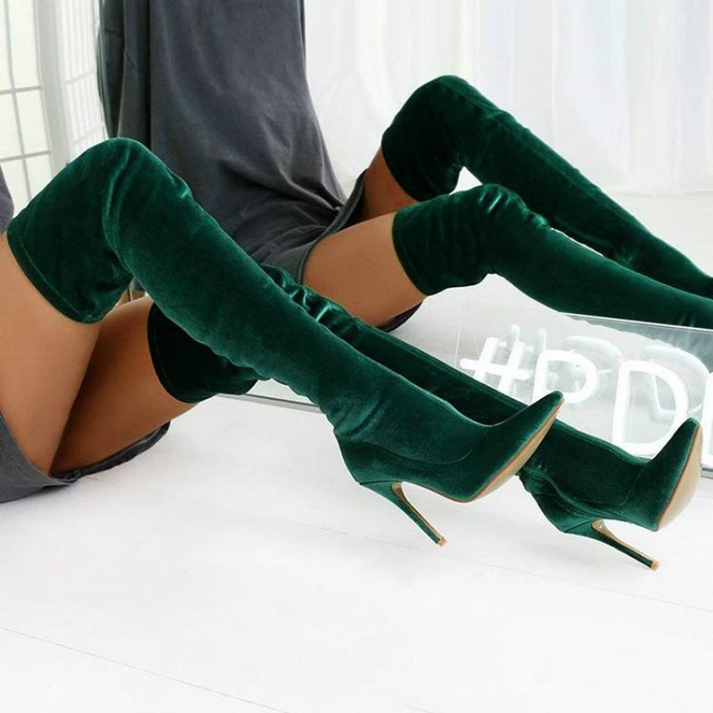 Women's Boots Green Color Over The Knee Boots Fashion Personality Stiletto Elastic Side Zipper Long Boots Large Size 34-43 boots_highheel