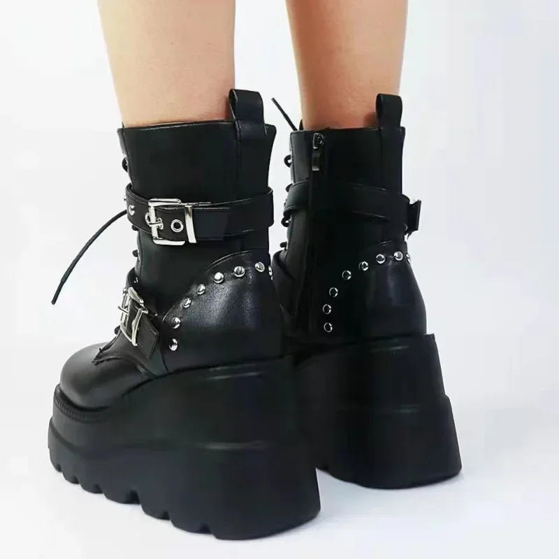 New Women's Pu Leather Ankle Boots Women Autumn Winter Round Toe Lace Up Shoes Woman Motorcycle Platform Botas Gothic Shoes boots_platform