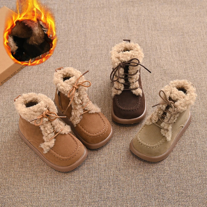 Children Thick Sole Suede Snow Boots Girls Casual Warm Anti-slip Winter Cotton Shoes Casual Outdoor Fashion Flat Footwear H11103