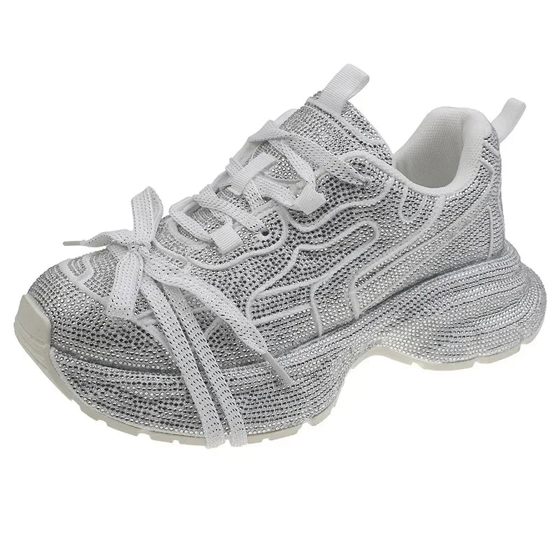 2025 Women's Dad Shoes Sparkling Rhinestone Thick Bottom Casual Sports Flashing Autumn Rubber Sole Non-Over Ankle sneakers_platform