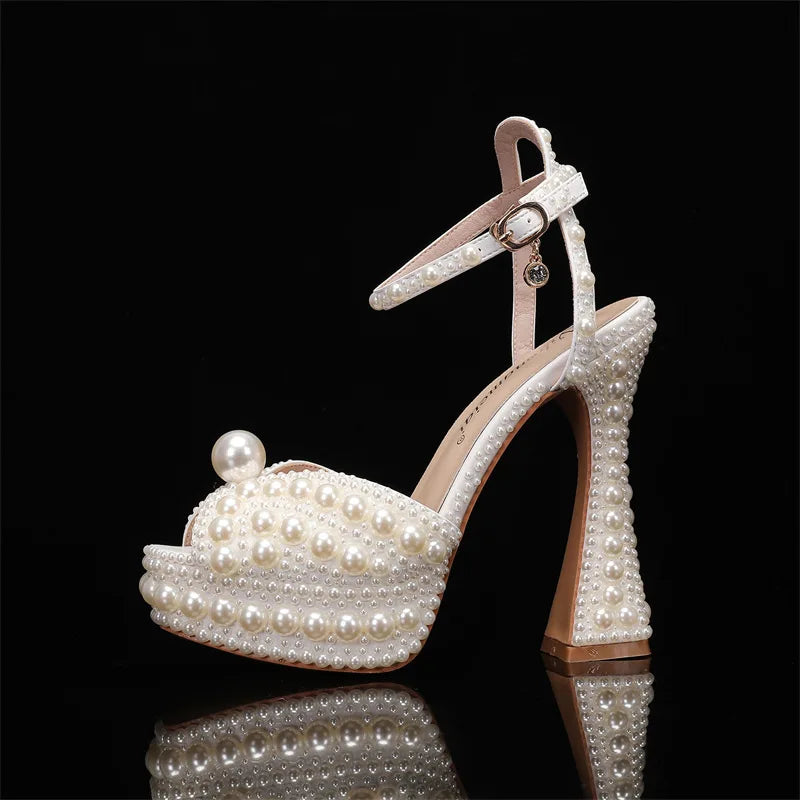 2025 Autumn New Fish Mouth High Heels Slim Heels Shallow Mouth Water Diamond Pearl Women's Single Shoes Wedding Wedding Shoes heels_bridal