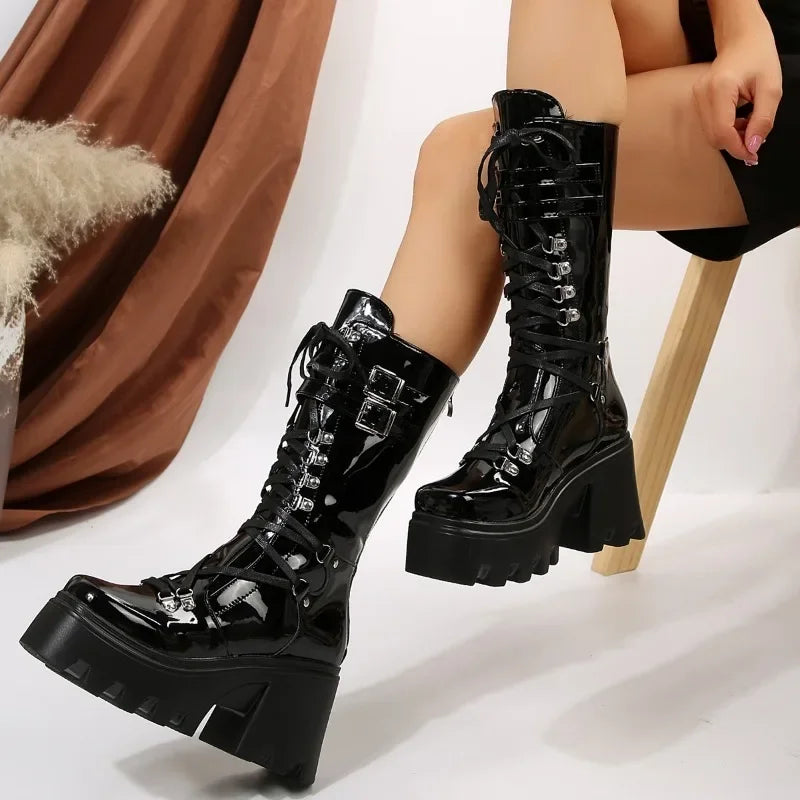 Winter 2026 New Women's Fashion Mid Tube Boots Lace Up High Platform Wedge Boots New Women's Fashion Solid Color Boots boots_platform