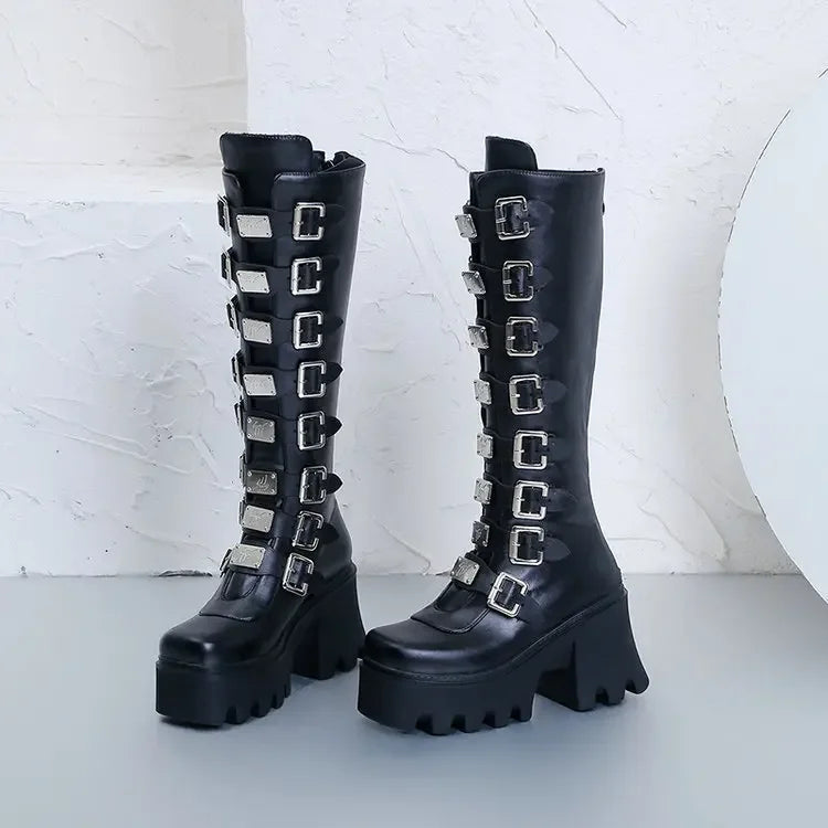 Women Boots Cosplay Ladies High Heel Platform Wedges Women High Boots Gothic Buckle Strap Long Tube Leather Female Boots Plus Si boots_platform