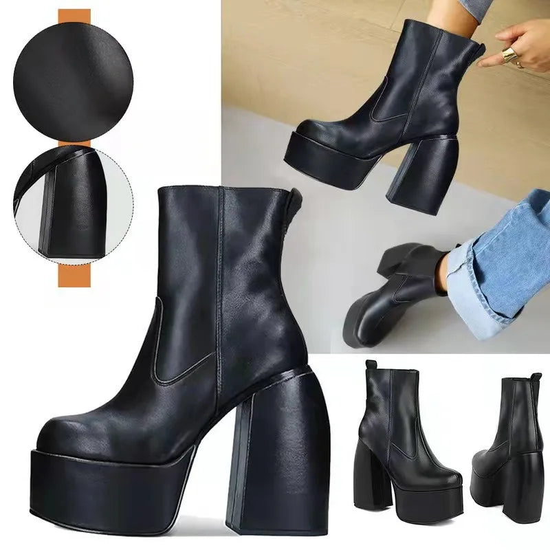 Comemore Women Punk Style Autumn Winter Chunky Platform High Boot Party Shoes Ladies Black Thick Heels Elastic Knee High Boots boots_platform
