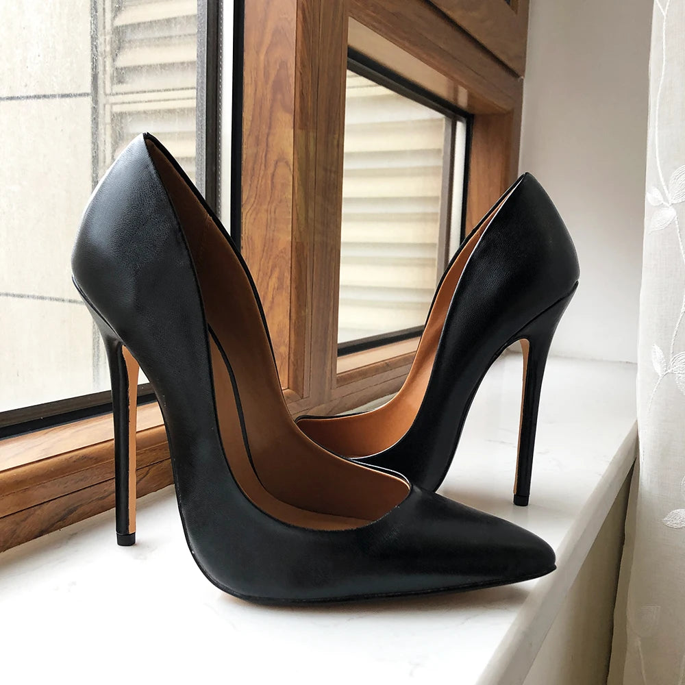 Tikicup Plus Size 40-48 Black Matte Unisex Pointy Toe Stiletto Pumps Sexy Crossdress Slip On 15cm High Heel Shoes for Wide Foot heels_stiletto