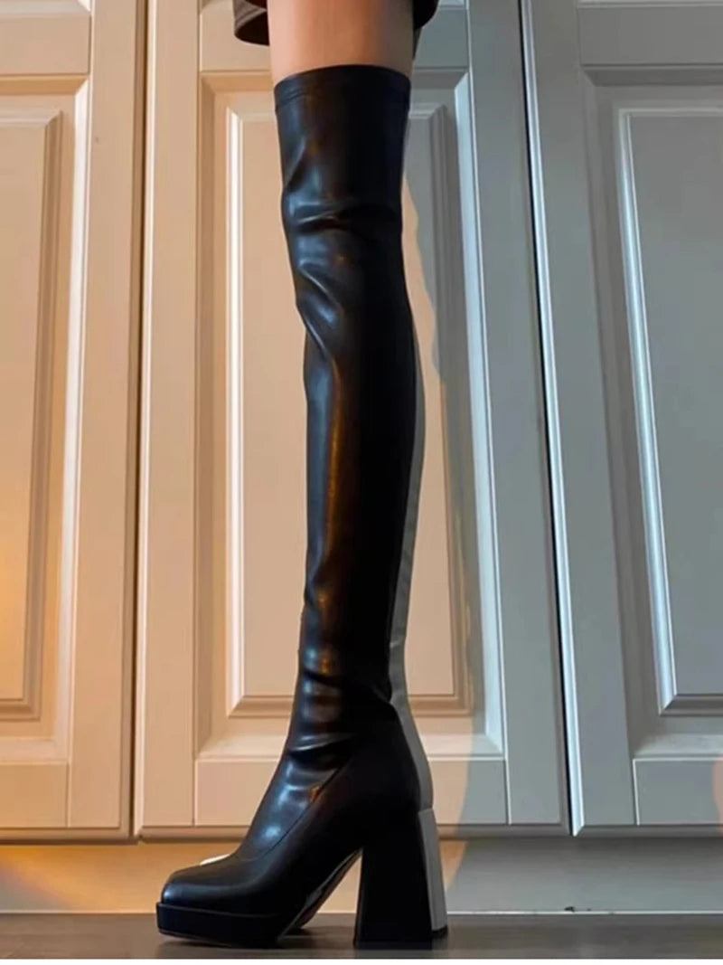 Autumn Winter Street Style Stretch Over The Knee Boots Women Fashion Round Toe Square Platform Heels Long Booties boots_platform