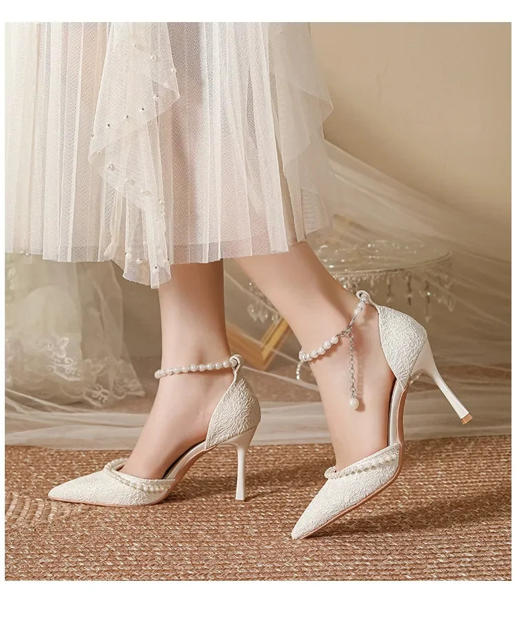 Size 30-44 Pearls Strap High Heels Lace Women White Wedding Shoes Stiletto Heel Point Toe Bride Bridesmaid heels_bridal