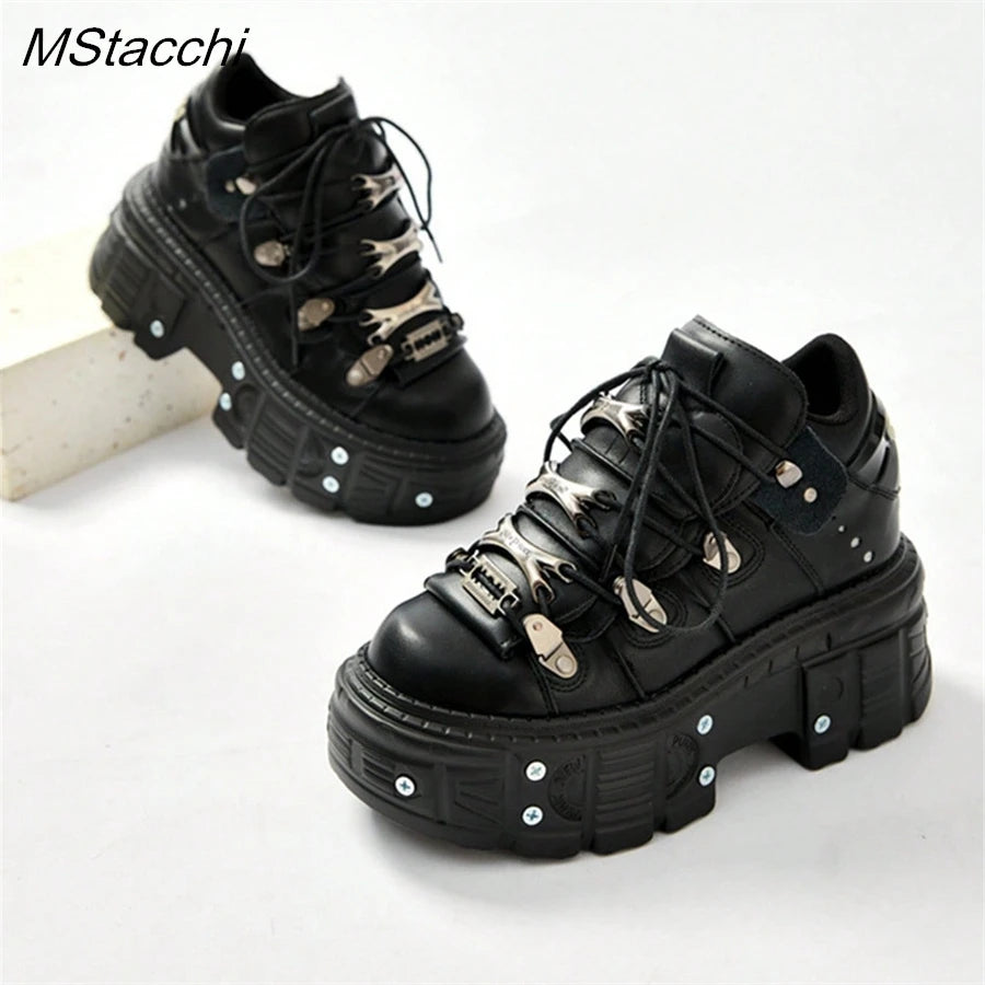 Punk Style Women Black Shoes Rock Metal Decor Lace-up Heel Height Platform Shoes Gothic Man Sneakers Women Ankle Boots 2026 sneakers_platform