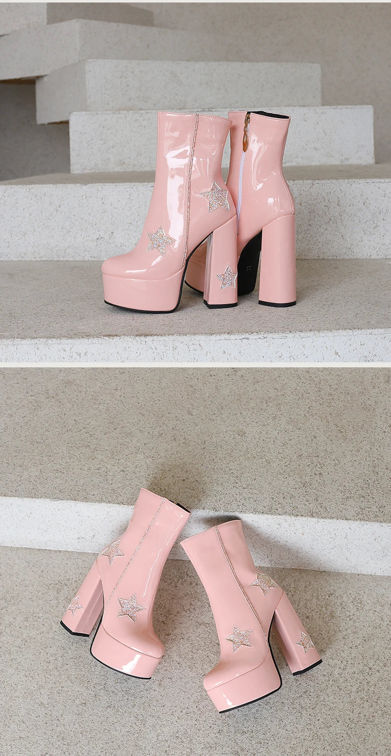 Plus Size Shiny Patent Leather Inlaid With Five-Star Sequin Cloth Super High Platform Women's Short Boots Side Zipper Sweet Boot boots_platform