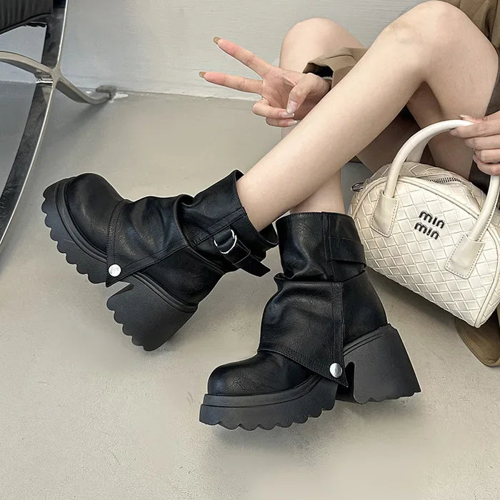 2025 New Folded round Head Thick Heel British Style Boot Spring Summer Chunky Fashion Boot Platform Short Tube Pile boots_platform