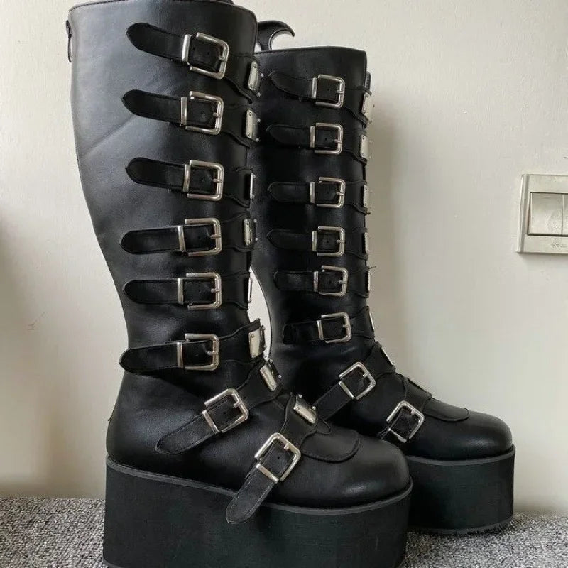 Women Boots Cosplay Ladies High Heel Platform Wedges Women High Boots Gothic Buckle Strap Long Tube Leather Female Boots Plus Si boots_platform