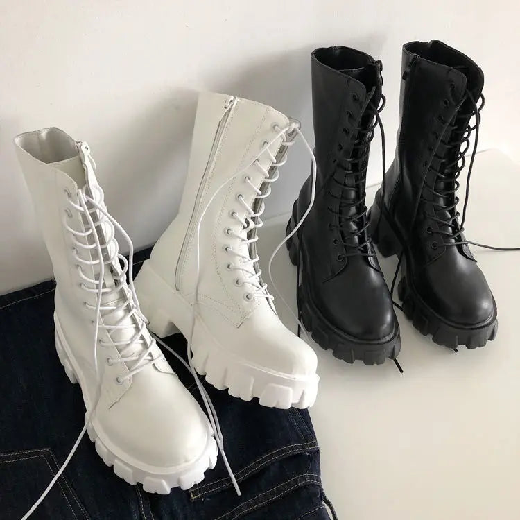 New Mid Calf Boots Women Autumn Winter Fashion Lace-up Ladies Chelsea Zipper Botas Mujer Boots Sports Platform Heel Ladies Shoes boots_platform